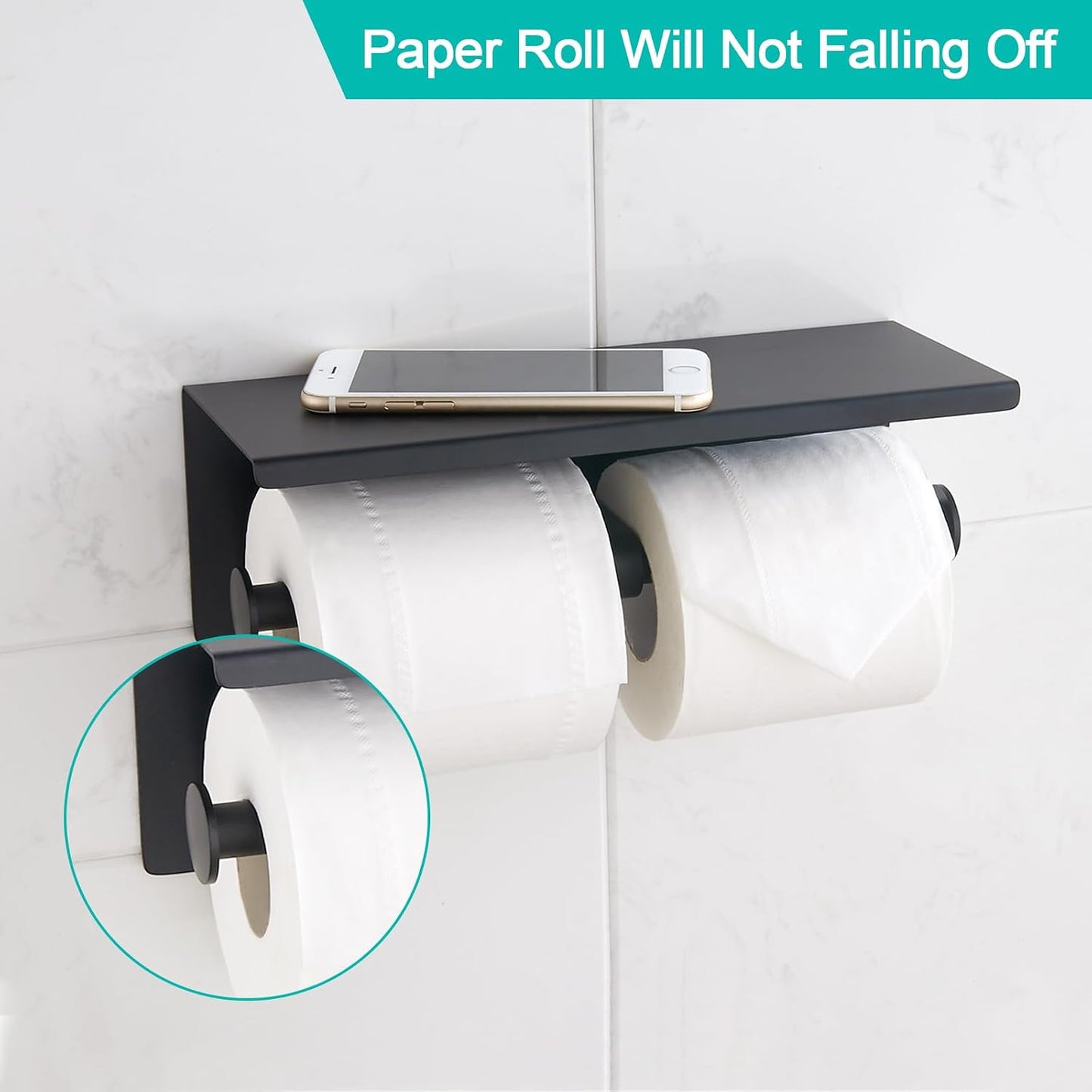 BGL Toilet Paper Holder with Shelf Matte Black, 304 Stainless Steel Wall Mount Toilet Tissue Roll Holder with Double Post for Bathroom, Commercial Toilet Paper Dispenser with Phone Shelf