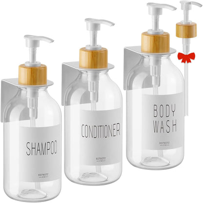 VITVITI Shampoo and Conditioner Dispenser 3 Chamber for Shower Wall, White | Refillable Body Wash Shower Soap Dispenser Wall Mounted, Drill Free 17oz Plastic Shower Bottles for Bathroom, Set of 3