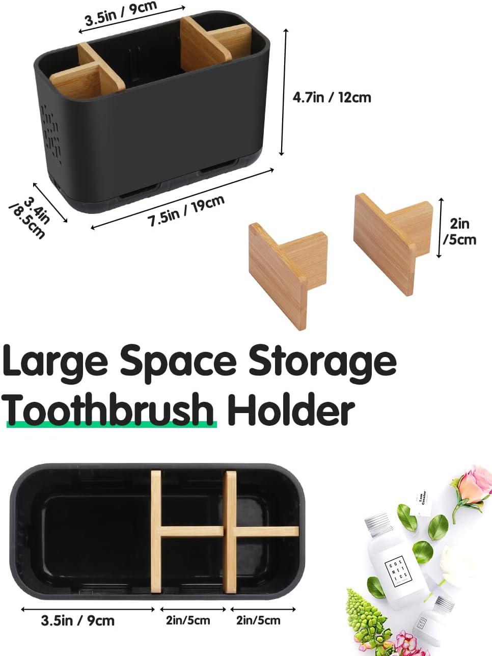 GFWARE Toothbrush Holders for Bathrooms - Bamboo Divider Toothbrush and Toothpaste Holder with Drainage, Kids Electric Toothbrush Organizer for Bathroom Countertop, White Tooth Brush Holder | 5 Slots Toothbrush and Toothpaste Holder with Bamboo Divider,