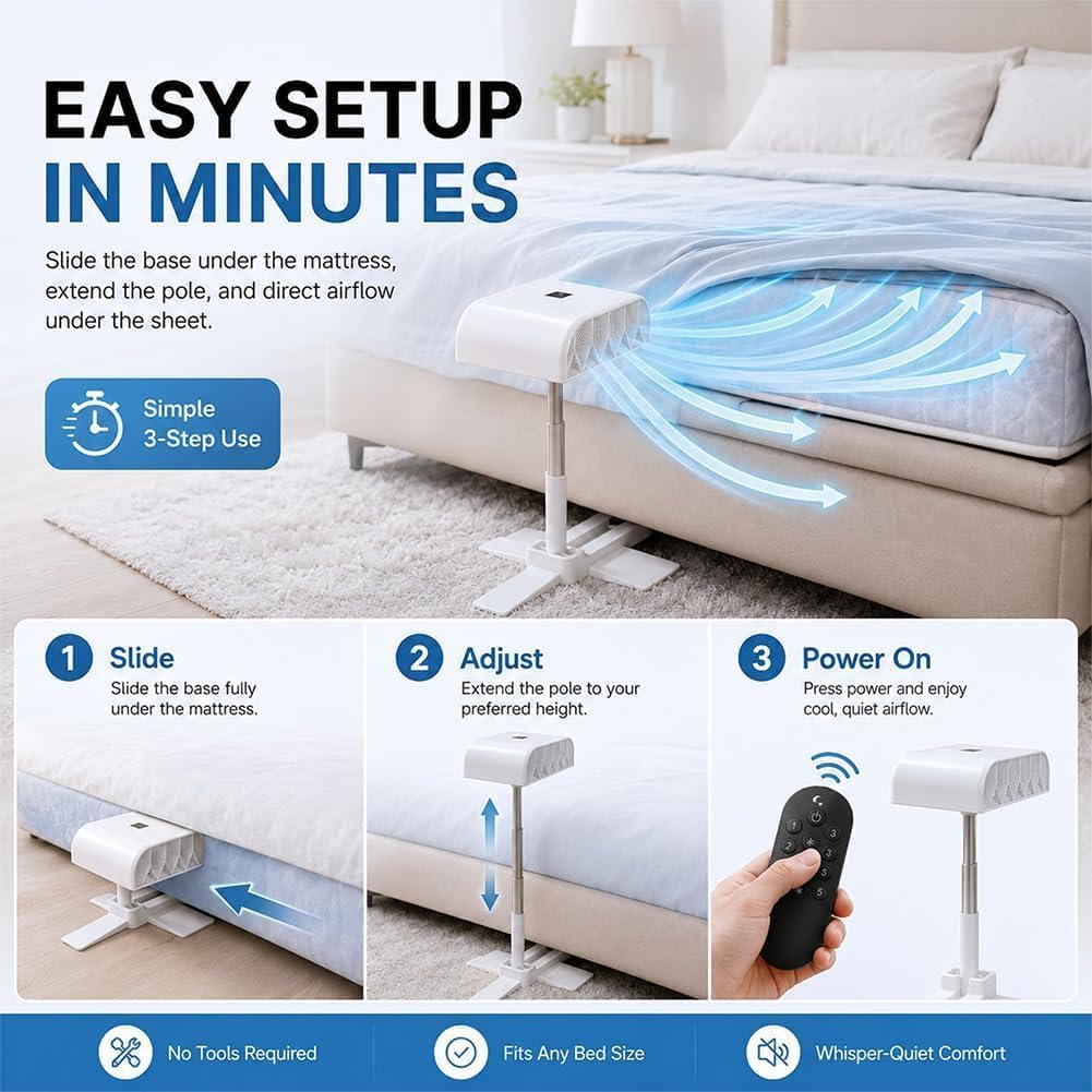 2026 Upgrade Bed Fan Under Sheets, Bed Fans for Cooling and Sleep Under Sheets, Bed Cooling System with 5 Speeds and Remote, Cordless Bed Fan for Hot Sleepers, Fits All Mattress Heights (1PCS)