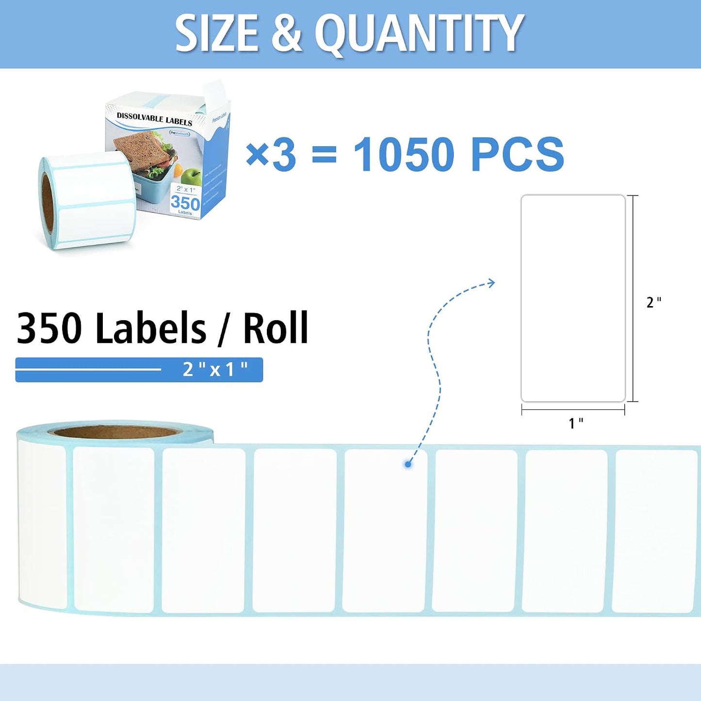 THEBLUETOUCH 350（1 Rolls） Dissolvable Food Labels with Dispenser, 1" x 2" | BPA-Free Water Dissolving Labels, No Residue, Ideal for Freezer Meal Prep Containers, Glass Jars & Storage Bags