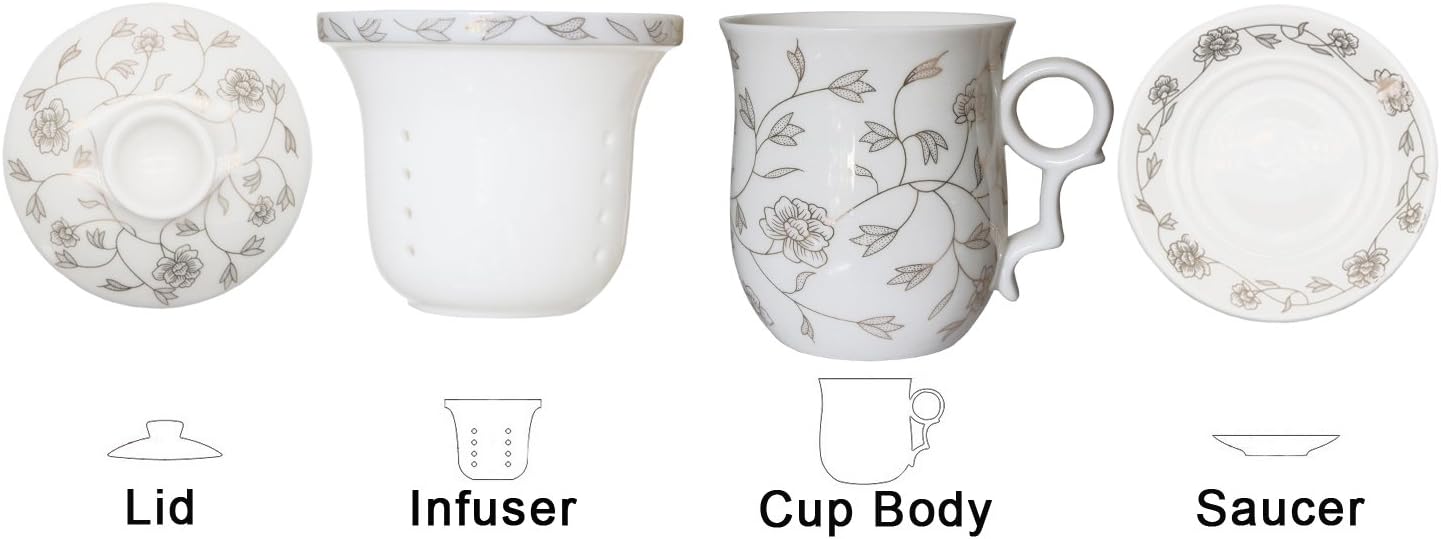 Porcelain Tea Cup with Infuser Lid and Saucer Sets - Chinese Jingdezhen Ceramics Coffee Mug Teacup Loose Leaf Tea Brewing System for Home Office