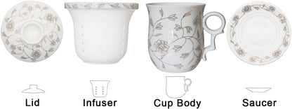 Porcelain Tea Cup with Infuser Lid and Saucer Sets - Chinese Jingdezhen Ceramics Coffee Mug Teacup Loose Leaf Tea Brewing System for Home Office