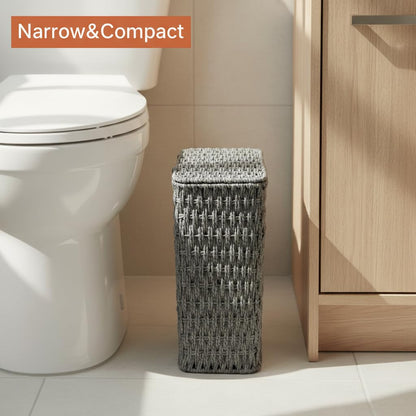 Coeusy 3 Gallon Wicker Trash Can,Small Bathroom Trash Can with Lid,Natural Water Hyacinth Wicker Waste Basket for Bedroom,Toilet,Narrow Garbage Can with Removable Liner