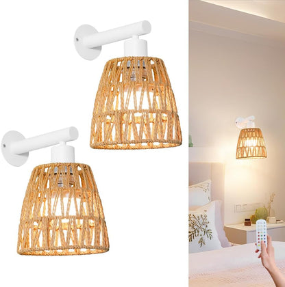 Boho Battery Operated Wall Sconces, Rattan Wall Sconce Set of 2 with Remote, RGB 15 Colors Dimmable Rechargeable Wall Light, Black Indoor Wireless Wall Lamp, Farmhouse Rattan Wall Lighting for Bedroom