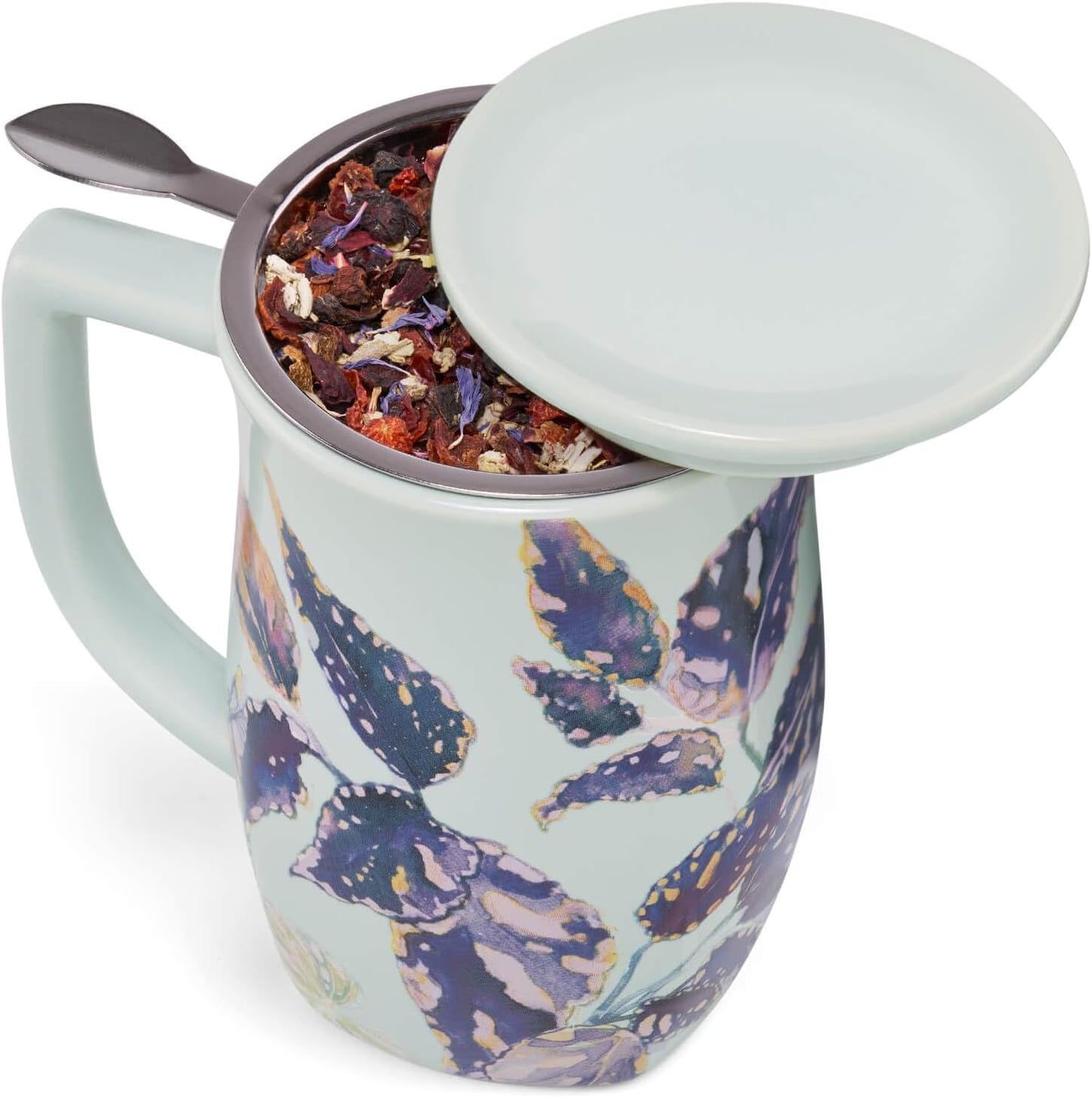 Tea Forte Ceramic Fiore Tea Cup with Infuser, Blue Agave, 14 oz | Insulated Ceramic - Stainless Steel Loose Leaf Infuser - Keeps Tea Hot Longer - Lid Included - Microwave & Dishwasher Safe