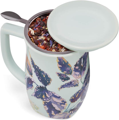 Tea Forte Ceramic Fiore Tea Cup with Infuser, Blue Agave, 14 oz | Insulated Ceramic - Stainless Steel Loose Leaf Infuser - Keeps Tea Hot Longer - Lid Included - Microwave & Dishwasher Safe