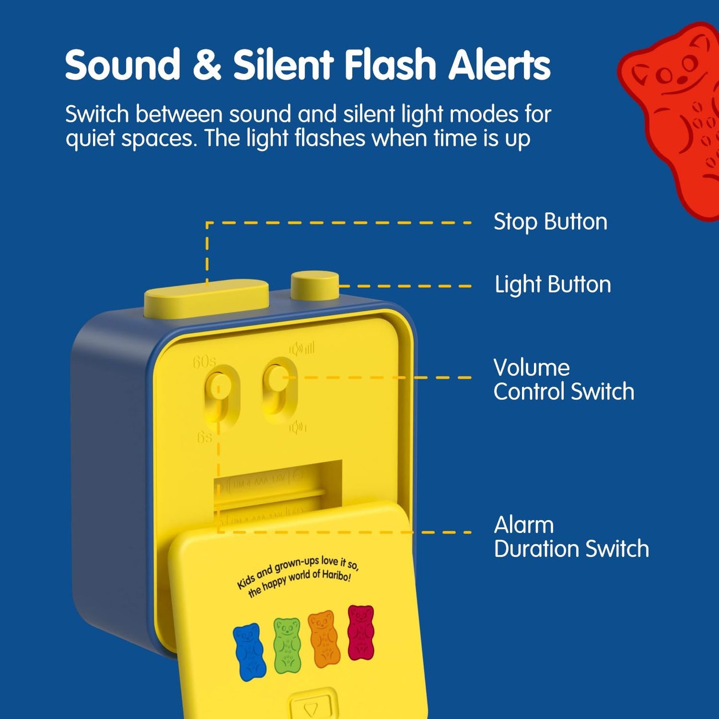 HARIBO 60-Minute Visual Timer for Kids & Adults, Silent Countdown Timer | Adjustable Alarm Volume, Audible Alarm or Flashing Light, Easy to Use, for Classroom, Study, Home & Office