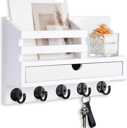 Key Holder Wall Mount, Mail Holder with Storage Drawer | Key and Mail Holder with 5 Key Hooks for Coat, Dog Leash, Home Decor Rack, House Accessories, Entry Way Organizer