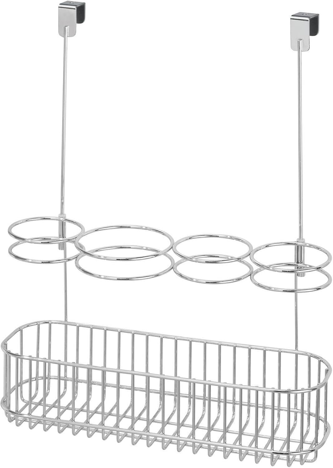 mDesign Metal Bathroom Storage Tool Organizer Accessory Basket Tray - Hang Over Cabinet Door - Storage for Hair Dryer, Straightener, Curling Iron & Hair Styling Products - Concerto Collection - Chrome