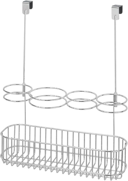 mDesign Metal Bathroom Storage Tool Organizer Accessory Basket Tray - Hang Over Cabinet Door - Storage for Hair Dryer, Straightener, Curling Iron & Hair Styling Products - Concerto Collection - Chrome