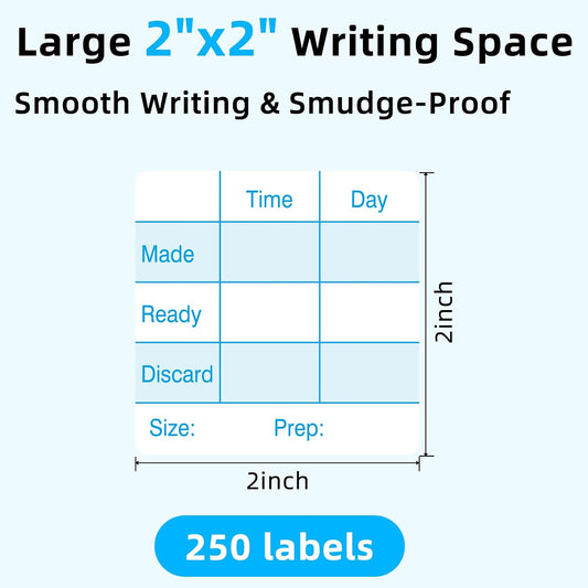L LIKED 250 Pcs Made/Ready/Discard Dissolvable Labels 2"x2" Blue | BPA-free, microwave & dishwasher safe. -40~150°F. Includes dispenser box. For preparation, pantry, restaurant & meal prep