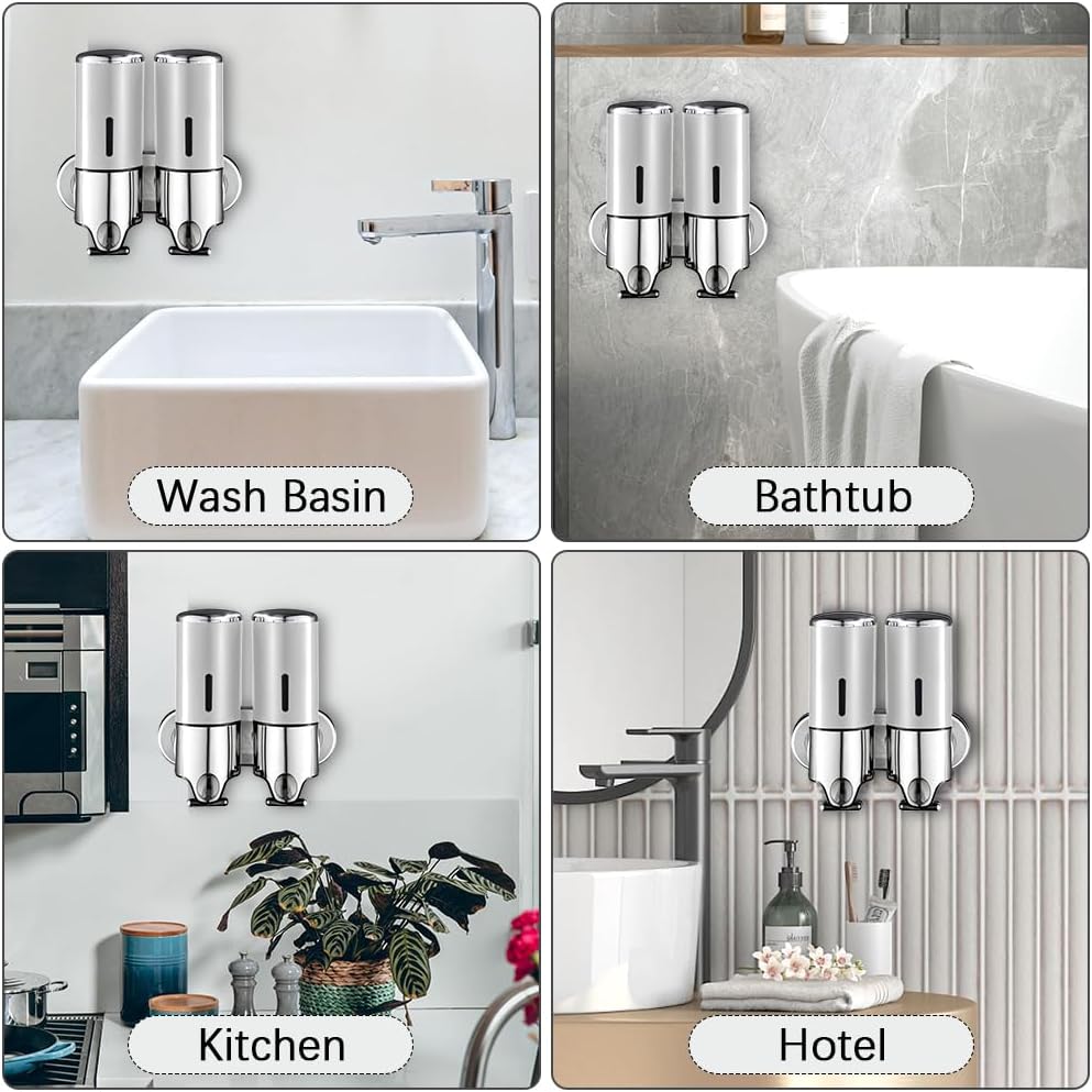 3 in 1 Chamber Wall Mounted Shampoo and Conditioner Dispenser (Silver) | No Drill Shower Soap Dispenser for Bathroom & Hotel Leak-Proof Pumps, Easy Installation and Large Capacity
