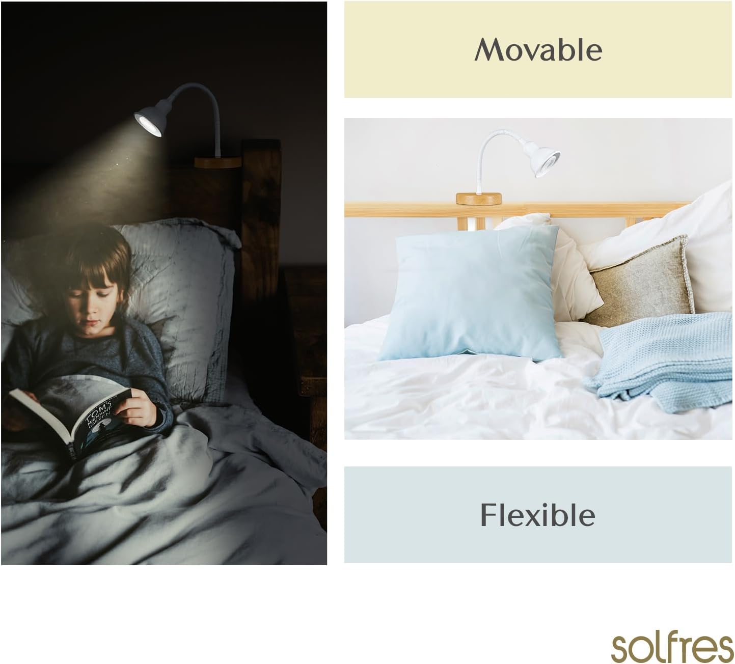Solfres Patented Innovative Design Headboard Reading Light. No Drilling Golden Book Light for Bedtime Reading. Dimmable LED Book Reading Lamp with Bulb. Movable & Flexible, Black