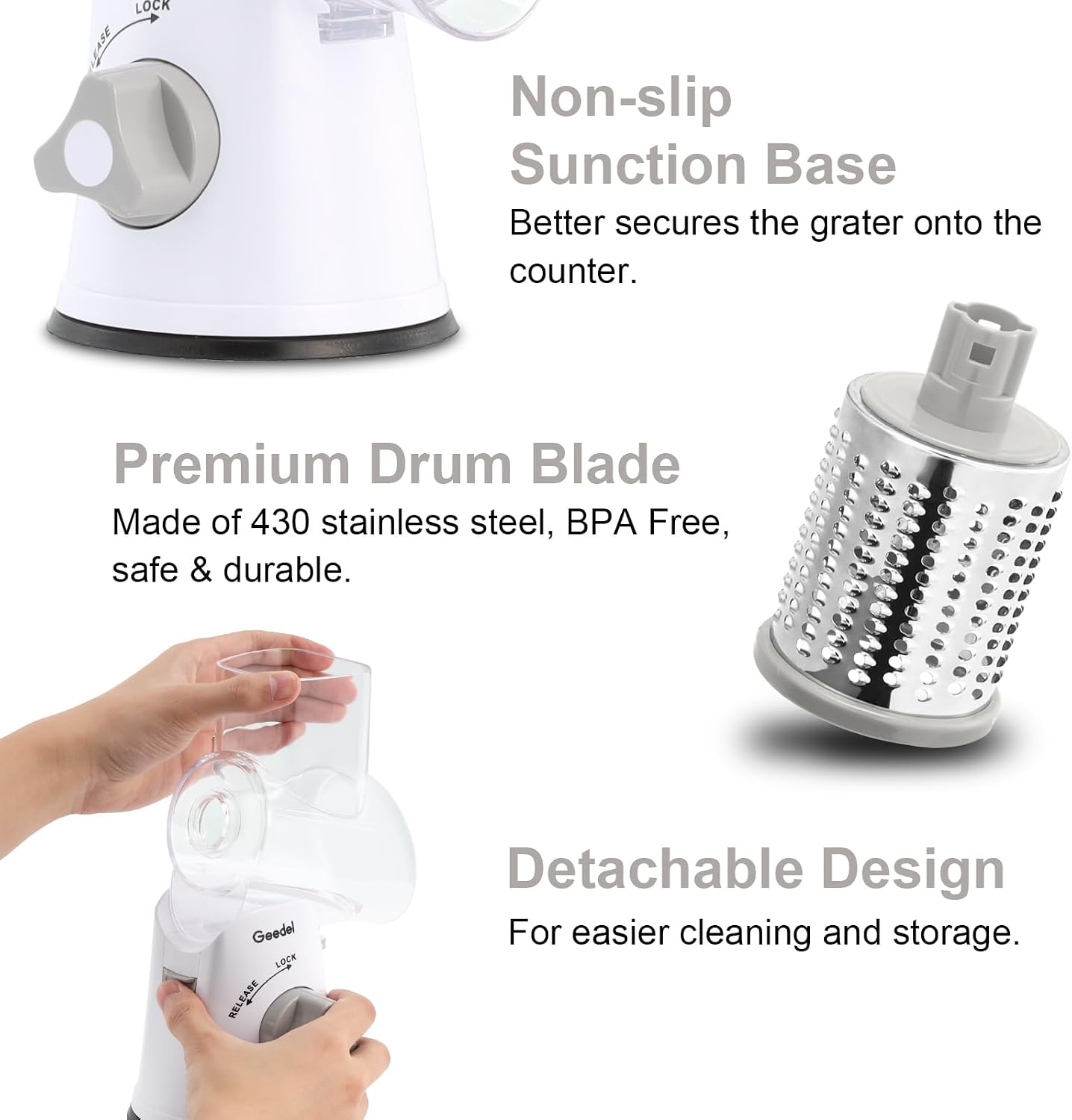 Geedel Rotary Cheese Grater, Kitchen Mandoline Vegetable Slicer with 3 Interchangeable Blades, Easy to Clean Rotary Grater Slicer for Fruit, Vegetables, Nuts | 3 Blades, 430 Stainless Steel, 12x Fast Cutting, Strong Suction Base, No BPA, Dishwasher Safe,