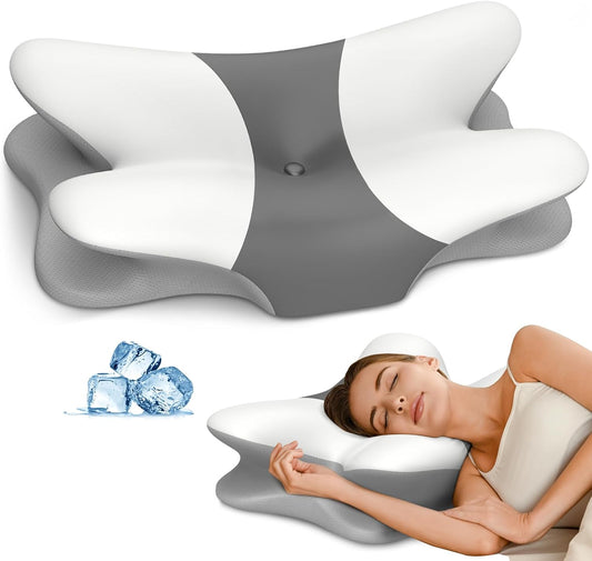 Cervical Pillow for Neck Pain Relief, Ergonomic Neck Pillow for Sleeping, Contour Pillow for Neck Support, Memory Foam Pillows for Side Back Stomach Sleepers(White&Grey)