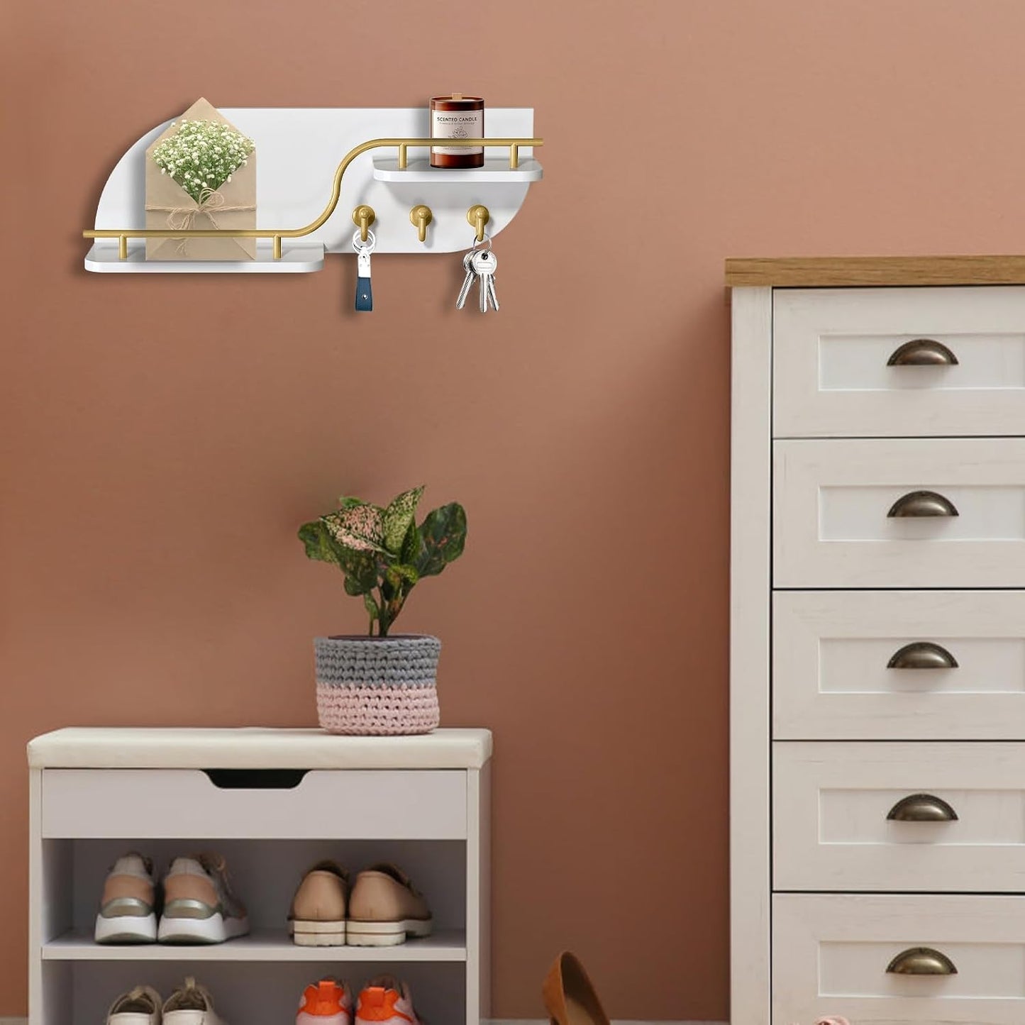 Key Holder for Wall, Decorative Key and Mail Organizer with 3 Metal Hooks and 2 Shelves, Wood Wall Mounted Key Rack for Entryway, White
