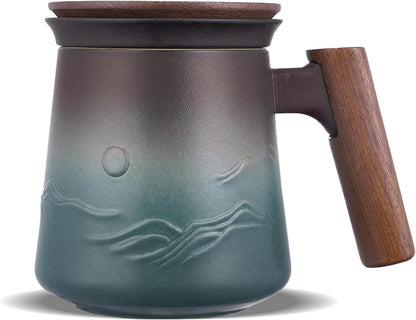 ZENS Tea Mug with Infuser and Lid for Loose Leaf Tea Steeper, 16.9oz Moss | Embossed Ceramic Tea Cup with Infuser for Herbal Tea Difussers, Tea Lovers Gifts, Nature Wood Handle