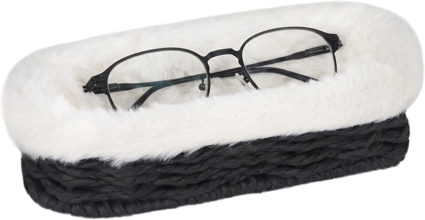 Glasses Holder, Paper Rope Plush Lined Eyeglass Holder Stand, Jewelry Key Tray Storage Organizer for Nightstand, Desk