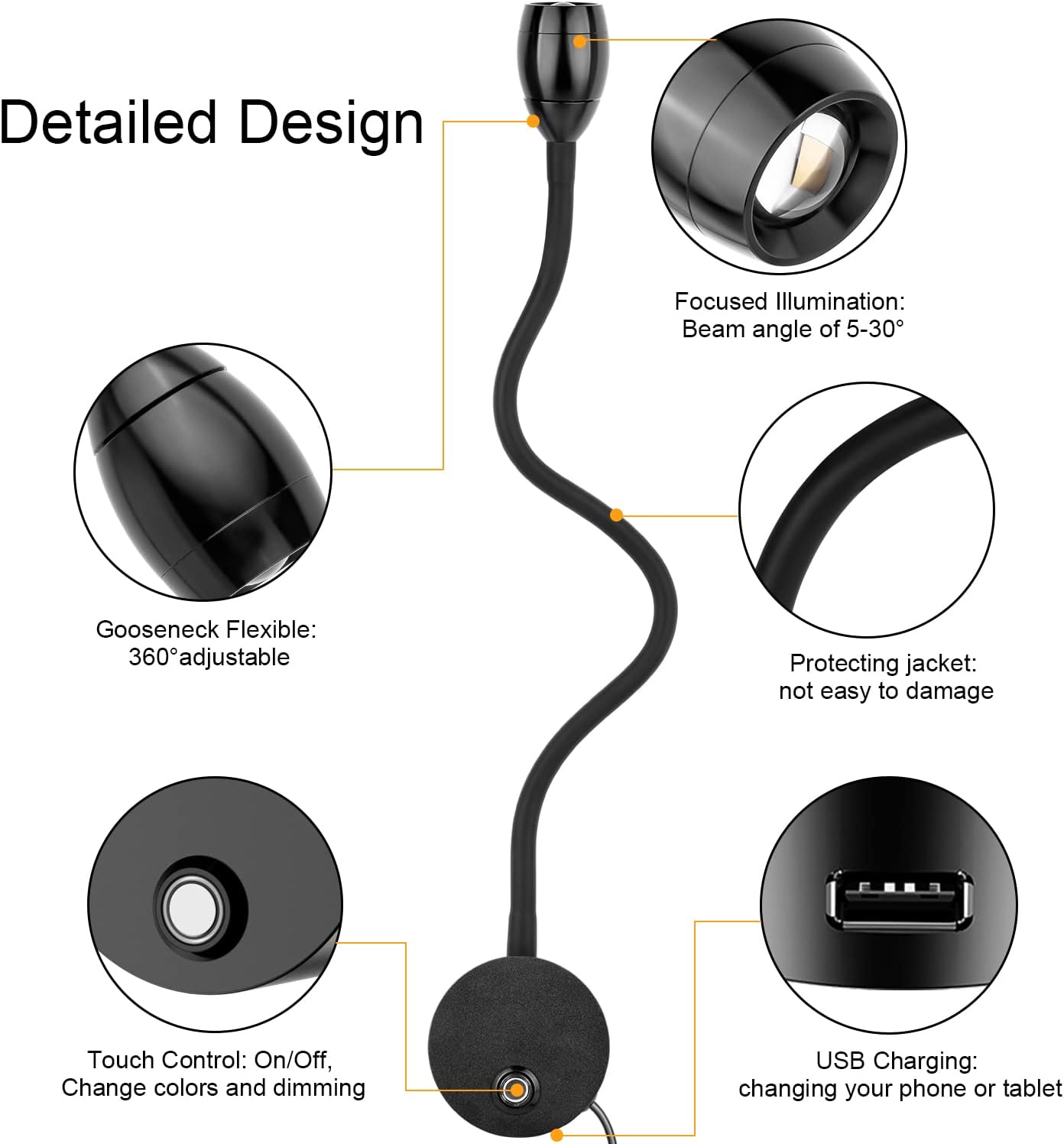Wall Mounted LED Reading Light with 15" Flexible Gooseneck, Dimmable Book Light for Reading In Bed with USB Charging Port, Plug In Headboard Night Lights, 3 Colors Temperature, Touch Control-2 Pack