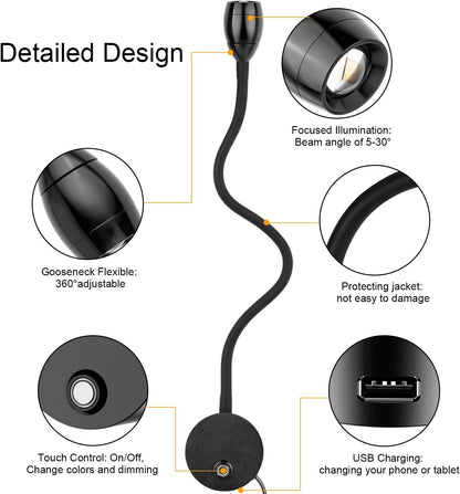 Wall Mounted LED Reading Light with 15" Flexible Gooseneck, Dimmable Book Light for Reading In Bed with USB Charging Port, Plug In Headboard Night Lights, 3 Colors Temperature, Touch Control-2 Pack