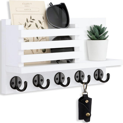 Lwenki Key Holder for Wall – Decorative Wooden Mail Holder and Key Shelf with Mounting Hardware, Installation Guide – Paulownia Wood with Metal Key Hooks (Black, Large - 11.8inch)