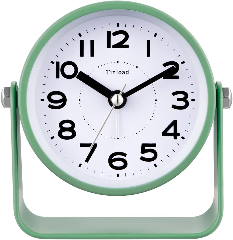 Tinload Analog Alarm Clock for Bedroom, Silent Non-Ticking Quartz Movement, Battery Operated with Snooze & On-Demand Light, Bedside Desk Table Clock, Ideal for Home, Office (Green)