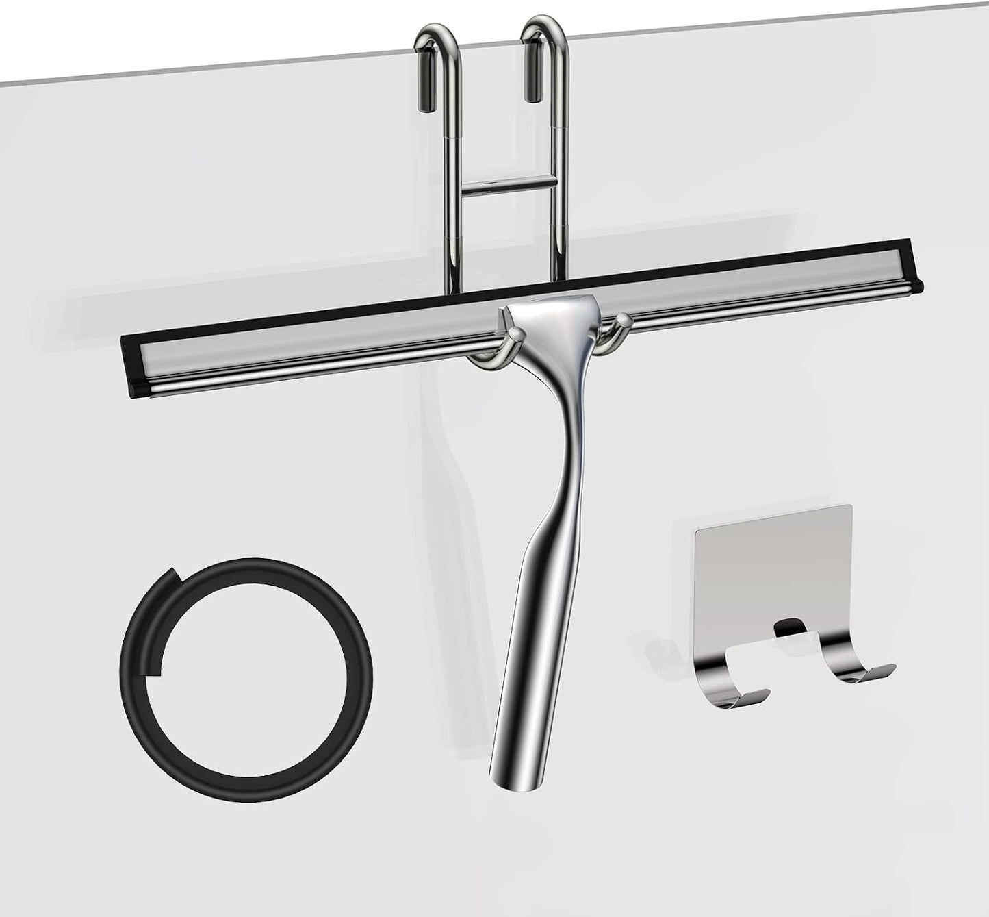 Black Shower Squeegee for Glass Door 12-Inch Bathroom Squeegee Window Wiper, with Shower Door Hook, Adhesive Hook, Spare Silicone Blade for Window Mirror Car All-Purpose Squeegee