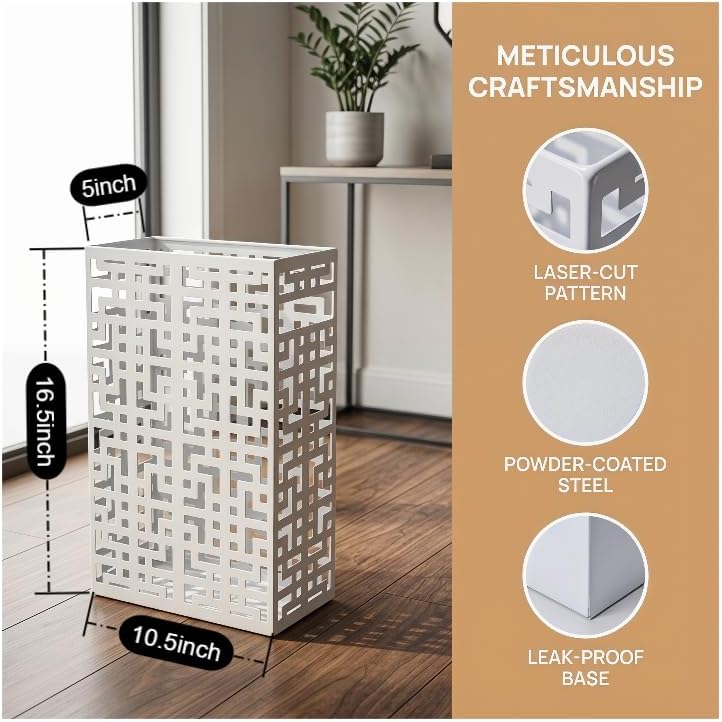BEWBBAT Umbrella Holder Stand for Entryway, Square Metal Umbrella Rack, Freestanding Rectangular Hollow Rack for Home Office, 16 x 10 x 5 Inch, White