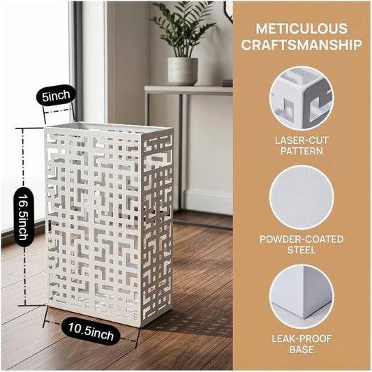 BEWBBAT Umbrella Holder Stand for Entryway, Square Metal Umbrella Rack, Freestanding Rectangular Hollow Rack for Home Office, 16 x 10 x 5 Inch, White