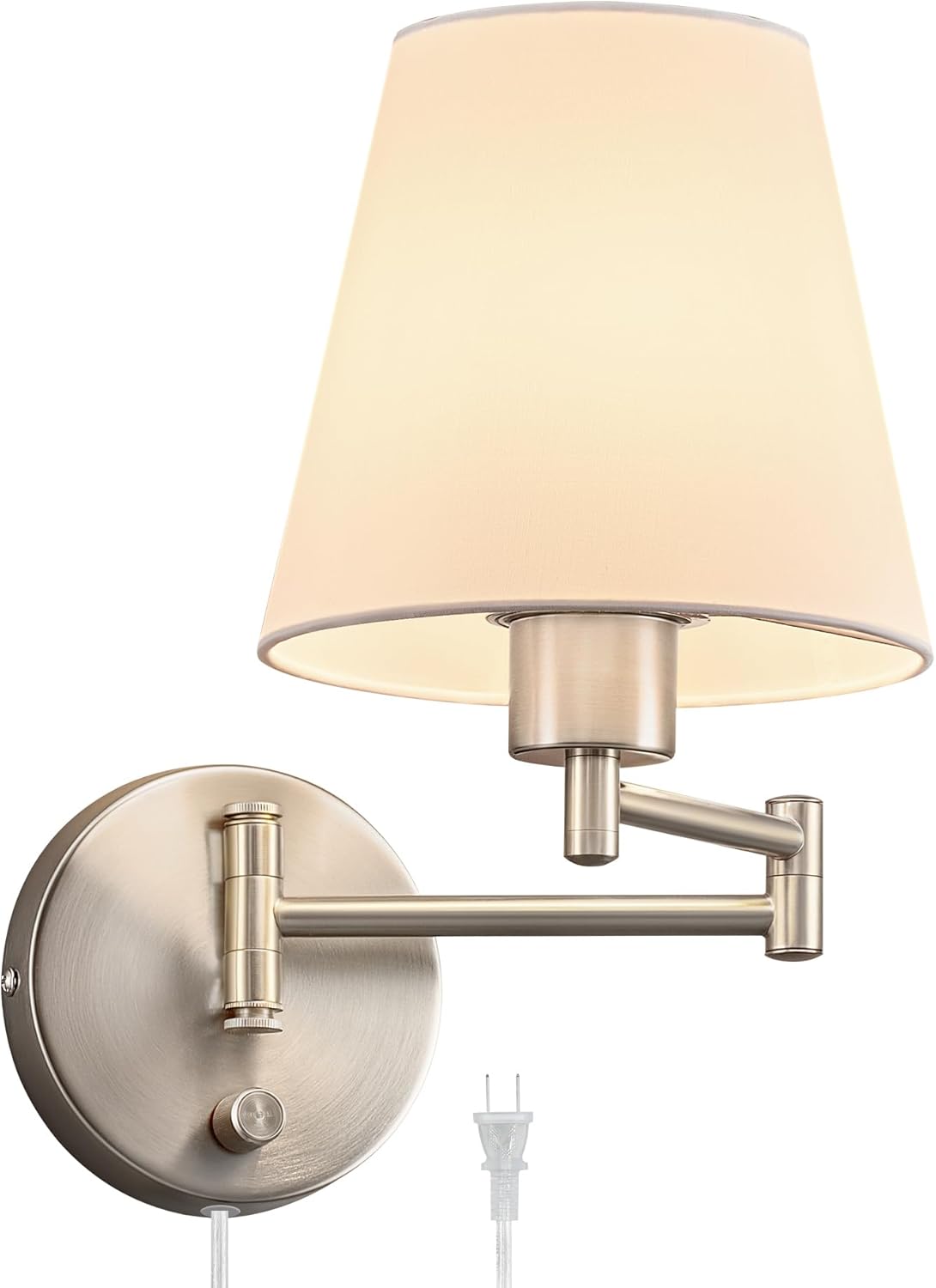 VONLUCE Wall Lamp, Plug in & Swing Arm Wall Sconce, Nickel Finish | Modern Wall Lights with White Fabric Shades, Plug in & Hardwired Wall Mounted Light for Bedside, Living Room, Hallway