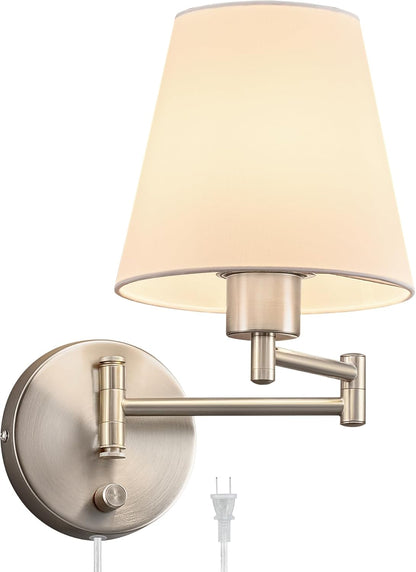 VONLUCE Wall Lamp, Plug in & Swing Arm Wall Sconce, Nickel Finish | Modern Wall Lights with White Fabric Shades, Plug in & Hardwired Wall Mounted Light for Bedside, Living Room, Hallway