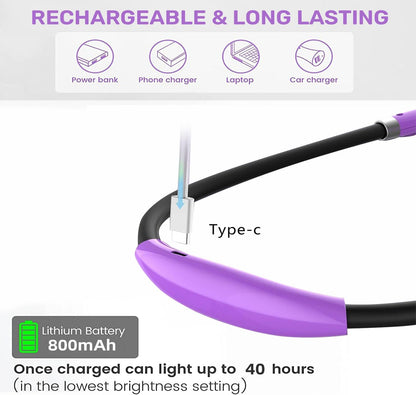 LED Reading Light, Rechargeable 4 LED Neck Book Light, Flexible Neck Lamp for Reading in Bed or Car with Adjustable Brightness, Ideal for Bookworms Kids Crafts Knitting Travel or BBQ (Purple)