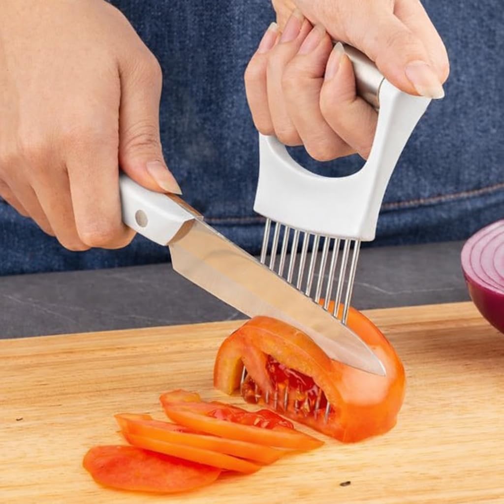 Onion Holder Slicer with Stainless Steel Blades, Vegetable Chopper for Tomato, Potato, Avocado, Lemon, Food Cutting Assistant Tool