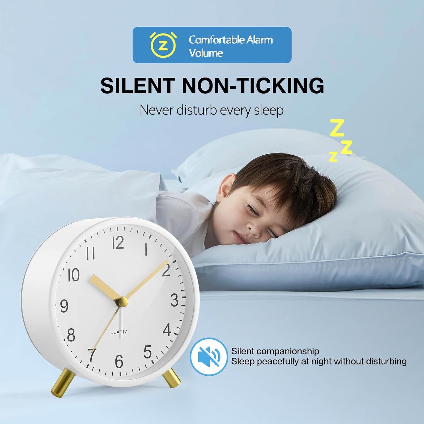 Back to School Silent Analog Quartz Alarm Clock for Kids Bedroom,Night Light, Battery Operated, Fashionable Round Metal
