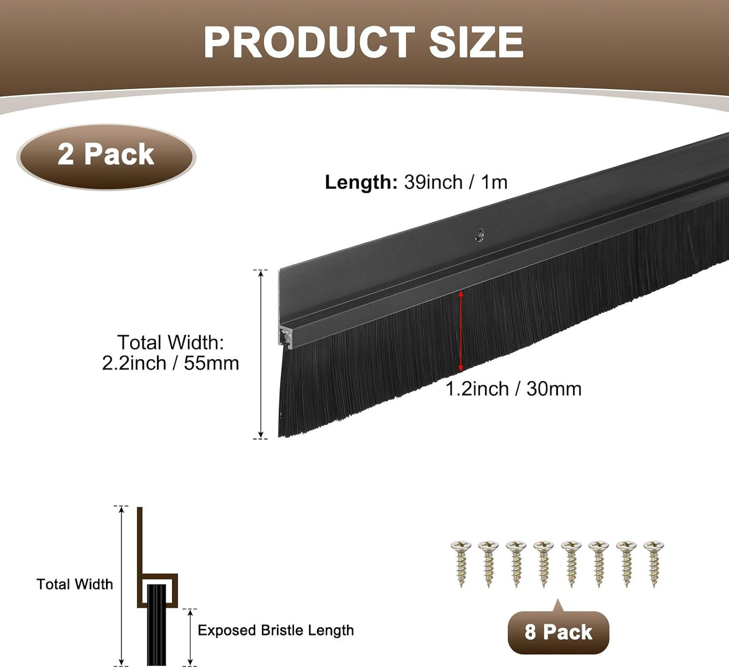 M METERXITY 2Pack Door Sweep - 39" Door Bottom Brush Heavy Duty Seal Draft Stopper Aluminum Base with 20mm Brush, Adhesive/Screw Installation for Interior/Exterior/Garage/Sliding Doors, Black