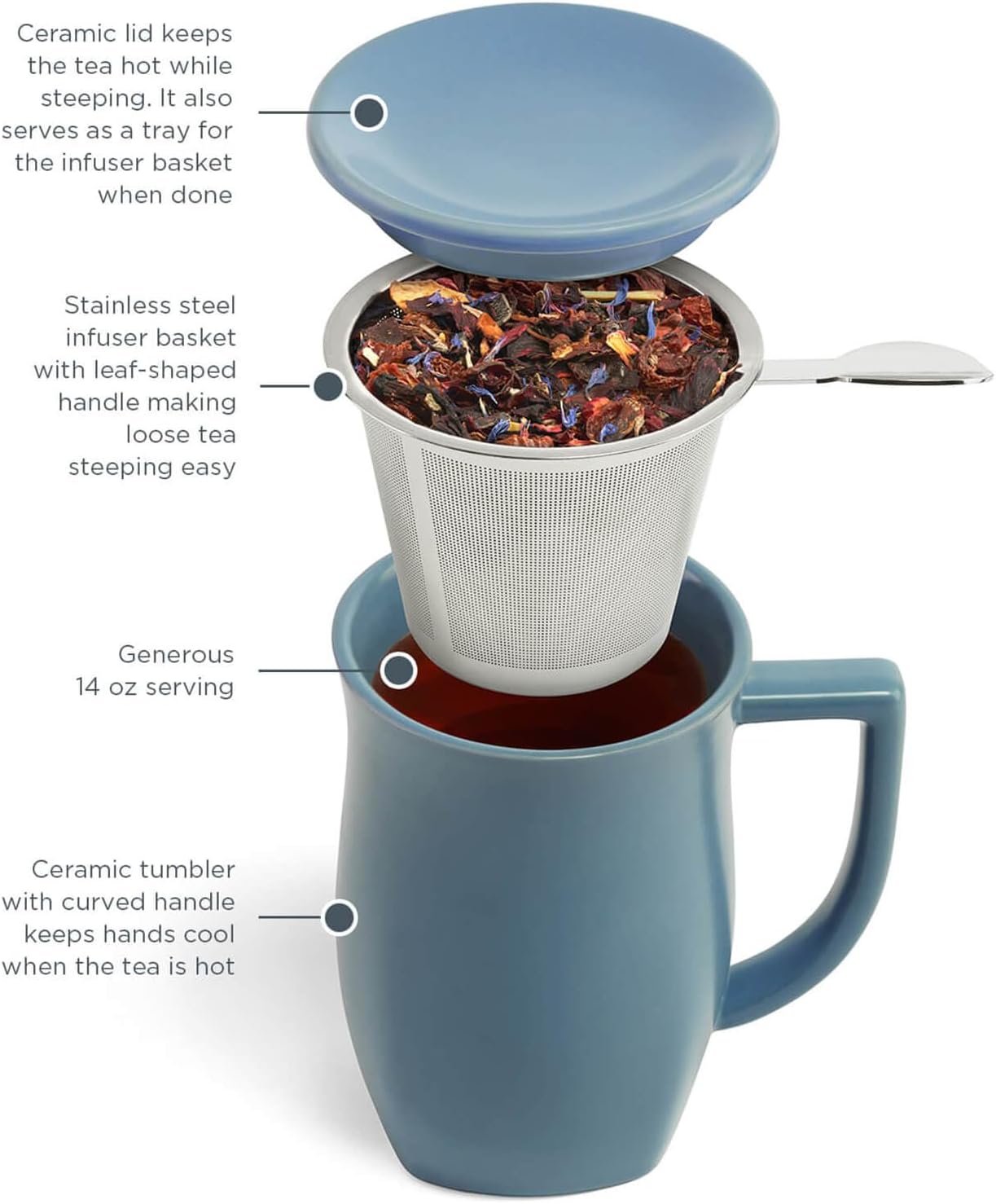 Tea Forte Ceramic Fiore Tea Cup with Infuser, Blue Agave, 14 oz | Insulated Ceramic - Stainless Steel Loose Leaf Infuser - Keeps Tea Hot Longer - Lid Included - Microwave & Dishwasher Safe