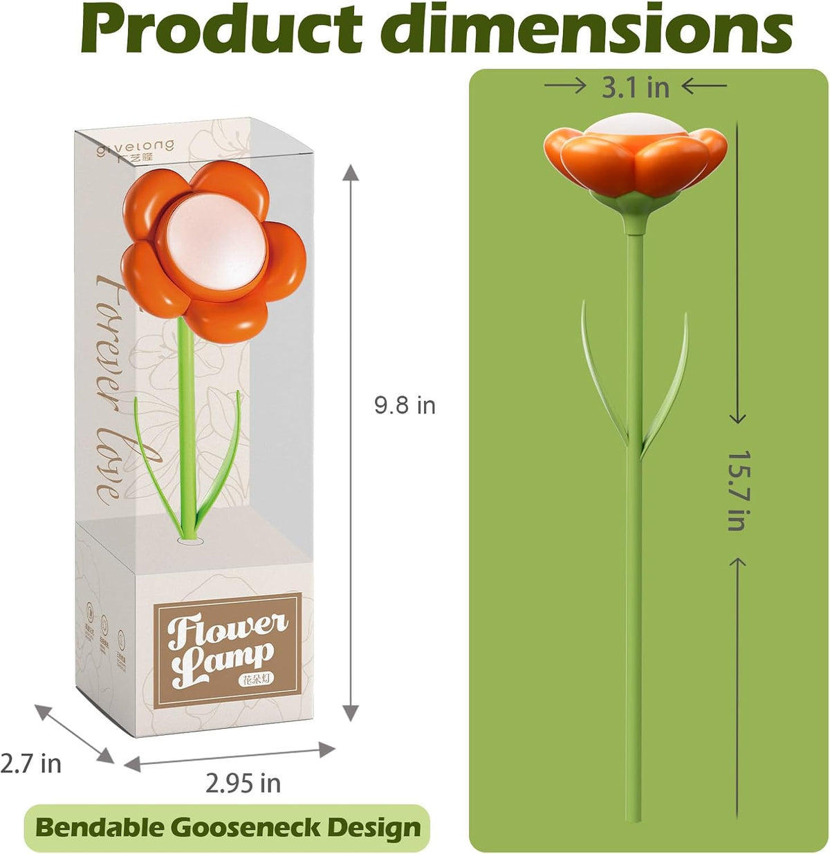 Rose Flower Lamp Rechargeable Reading Light for Bed,3-Color Modes Adjustable Brightness Small Night Light Neck Reading Light,Festival Gifts for Kids Mom Girlfriend Grandma(Orange-red)