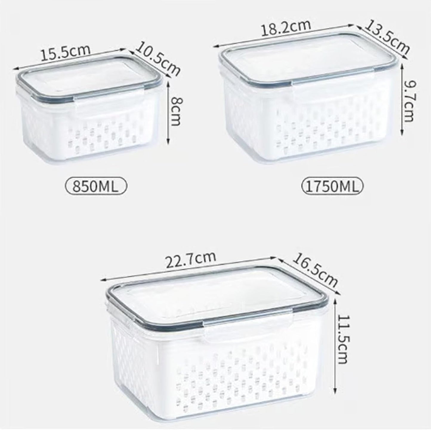 4 In 1 Food Storage Container, Fruit Storage Containers for Fridge, Household Transparent Plastic Food Storage Box-Including Drain Basket, Soak, Wash, Drain, and Store (Gray, S+M+L)