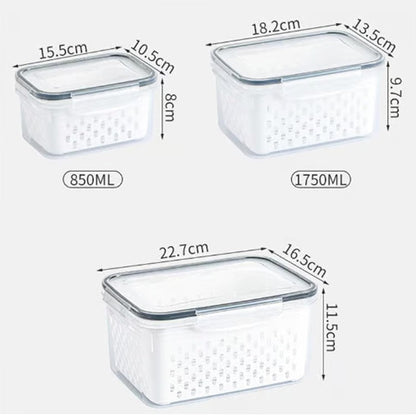 4 In 1 Food Storage Container, Fruit Storage Containers for Fridge, Household Transparent Plastic Food Storage Box-Including Drain Basket, Soak, Wash, Drain, and Store (Gray, S+M+L)