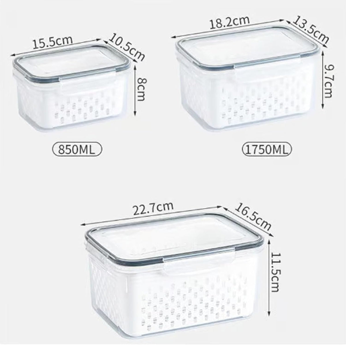 4 In 1 Food Storage Container, Fruit Storage Containers for Fridge, Household Transparent Plastic Food Storage Box-Including Drain Basket, Soak, Wash, Drain, and Store (Gray, S+M+L)