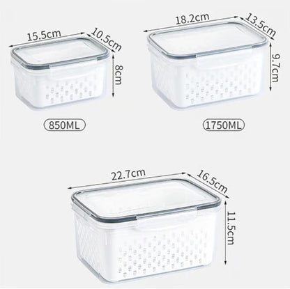 4 In 1 Food Storage Container, Fruit Storage Containers for Fridge, Household Transparent Plastic Food Storage Box-Including Drain Basket, Soak, Wash, Drain, and Store (Gray, S+M+L)