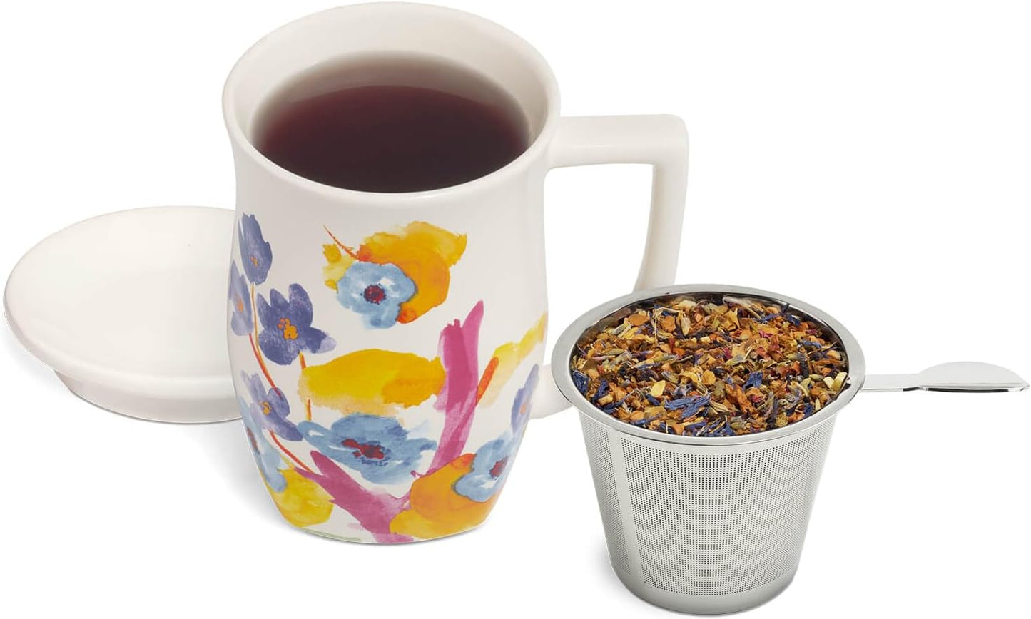 Tea Forte Ceramic Fiore Tea Cup with Infuser, Blue Agave, 14 oz | Insulated Ceramic - Stainless Steel Loose Leaf Infuser - Keeps Tea Hot Longer - Lid Included - Microwave & Dishwasher Safe