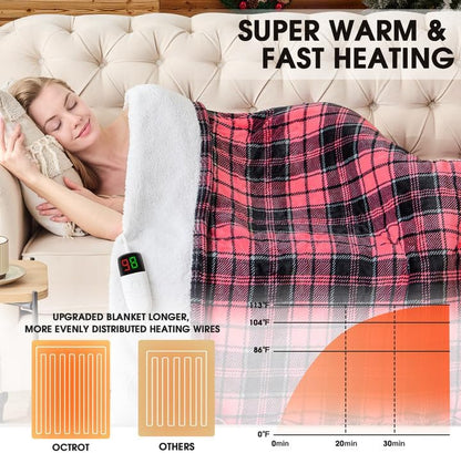 Heated Blanket Electric Throw 50X60 Heating Blanket with 10 Heating Levels 8 Hours Auto Off, Blue Plaid Sherpa Blankets Winter Warmer, Home Decor for Couch Bed Office,Gifts for Mom, Women,Washable