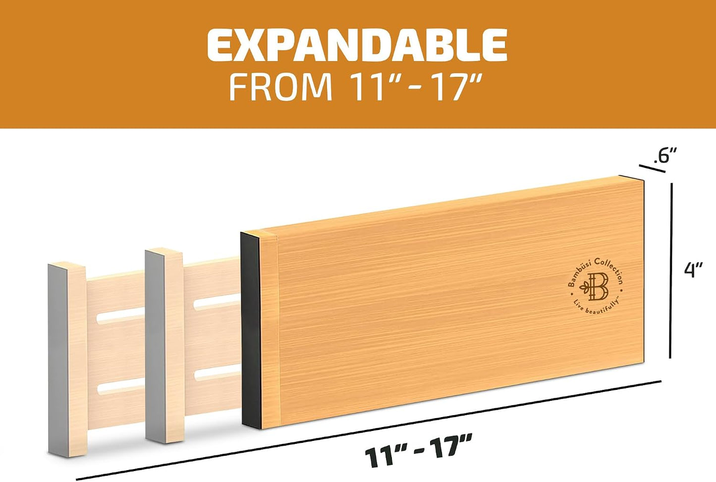 6-Pack Deep Drawer Dividers 4-Inch High Dresser Drawer Organizer, Bamboo | Adjustable 11.5-17 Inch Spring-Loaded Separators for Clothes, Utensils, Socks, Bedroom, Bathroom, Kitchen, Office, No Tools