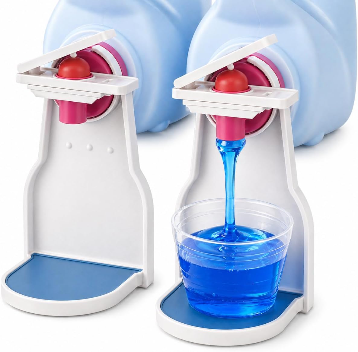 2-Pack Laundry Detergent Cup Holder & Fabric Softener Drip Catcher, Easy-Press Lever with Secure Spout Clamp, Removable Drip Tray & Non-Slip Pad, Helps Reduce Sticky Residue and Keep Washer Cleaner