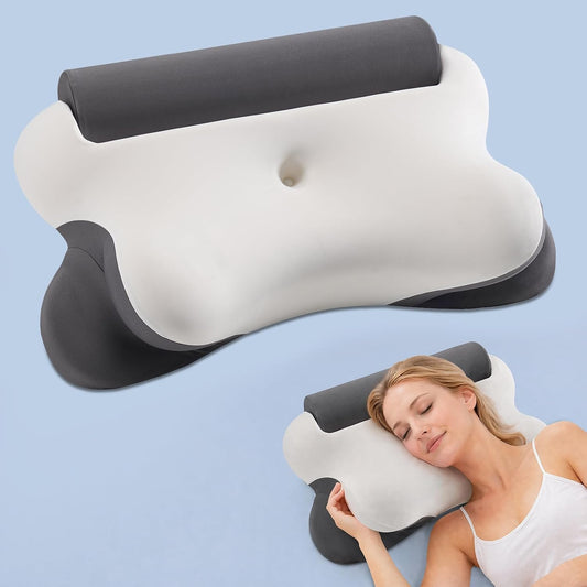 DUMOS 2-in-1 Contoured Neck Pillow, Slow Rebound Cooling Memory Foam with Detachable Round Support Roll, Multi Support Bolster for Neck Waist Ankle, Washable Cover for Side Back Stomach Sleepers, Gray