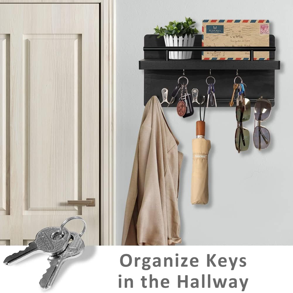 OurWarm Wall Mounted Key Holder/Hangers for Wall Decorative with 5 Key Hooks, Wooden Mail Rack Organizer with Shelf, Rustic Home Decor for Entryway Mudroom Hallway Office, Brown