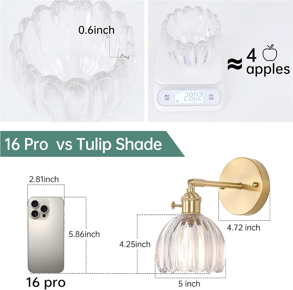 Shenmoyl Vintage Battery Operated Wall Sconce with Green Tulip Glass Lampshade Rechargeable Battery Powered Wall Light with Remote Control for Bedside Bedroom Doorway