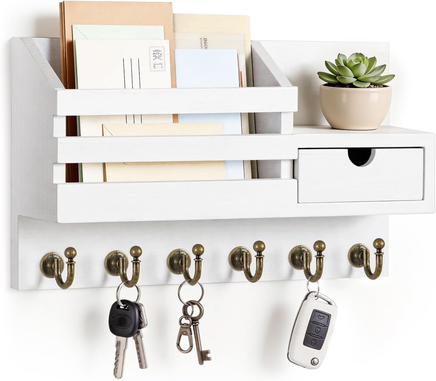 FifthQuarter Key and Mail Holder Wall Mount with Drawer and 6 Sturdy Hooks | Cute Rustic Farmhouse Wooden Key Hanger, Reliable Entryway Organizer for Keys and Daily Essential, Easy Installation, A-White